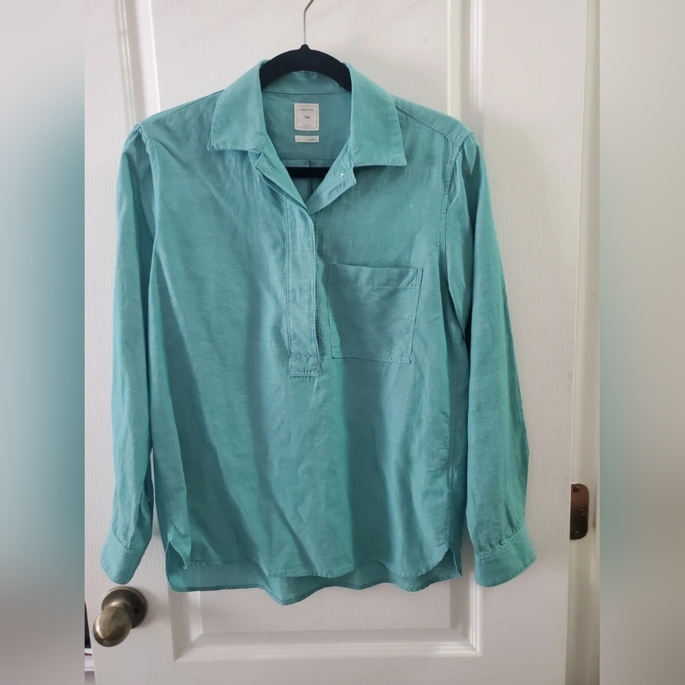 Gap Women's Blouse Roll Tab Long Sleeve Cotton Linen Green Size S